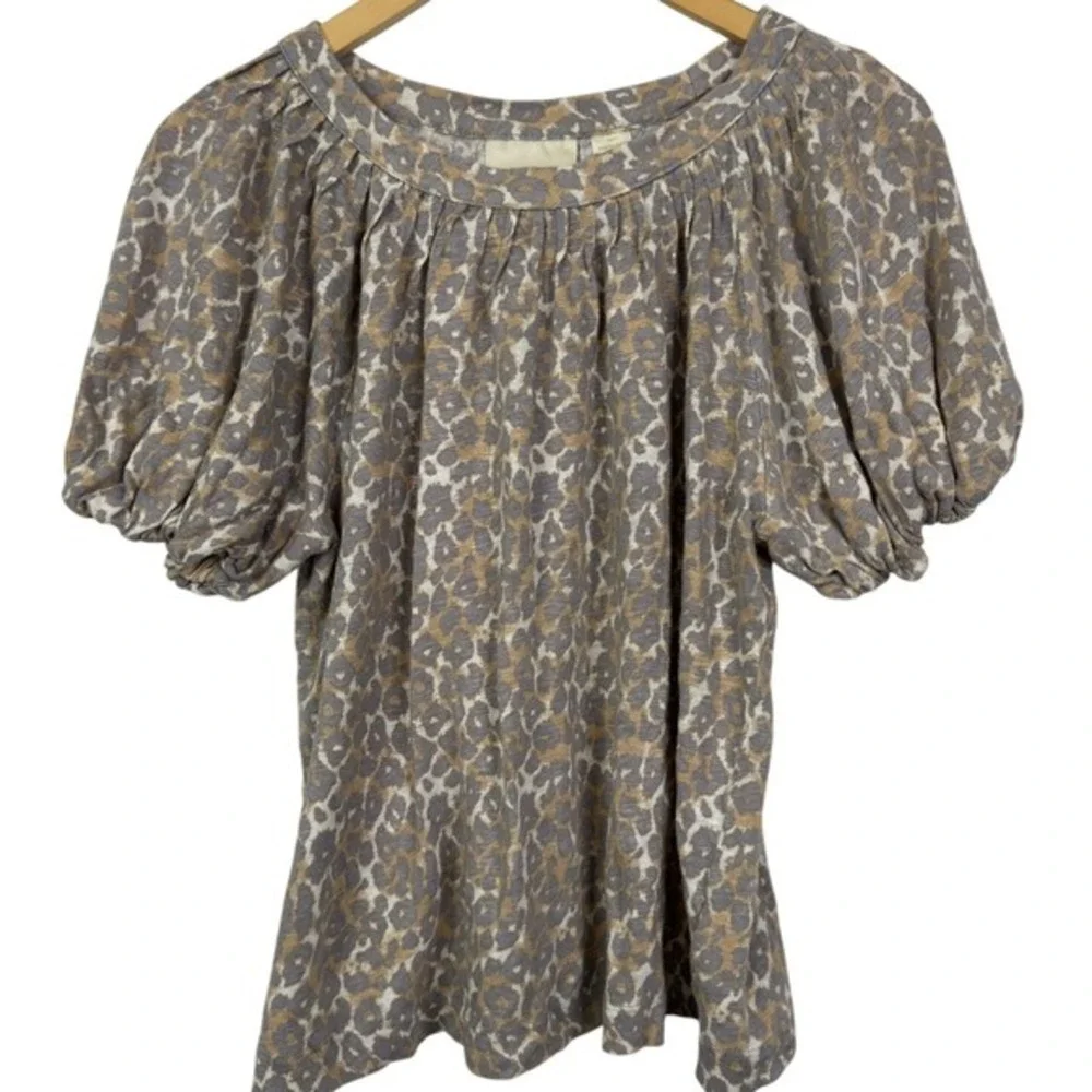 Maeve‎ Anthropologie Leopard Puff Sleeve 100% Linen Top Size S